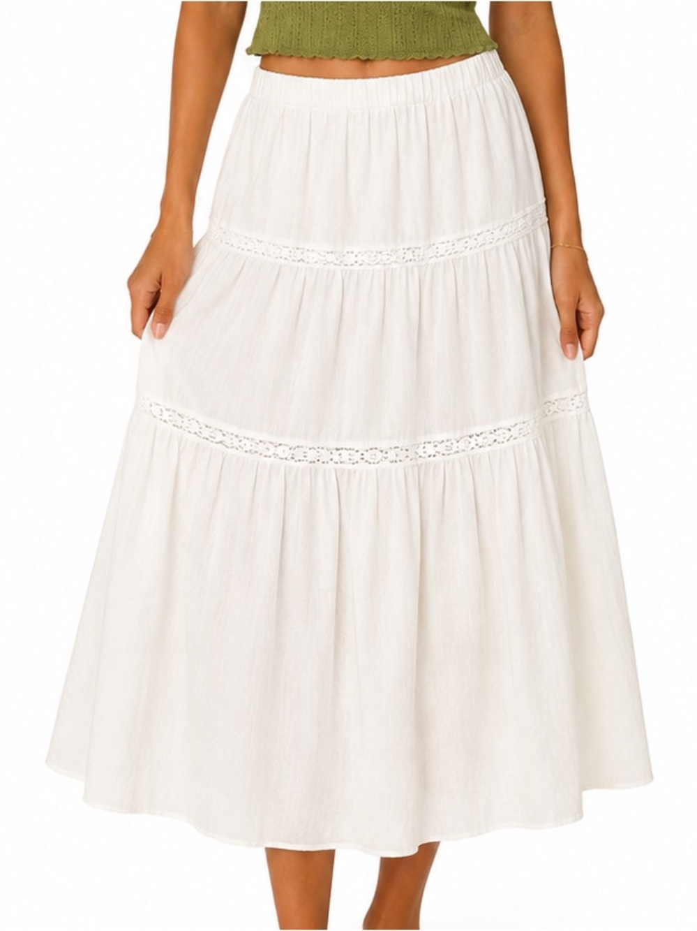 White Linen Tiered Maxi Skirt with Lace Trim Made in Italy